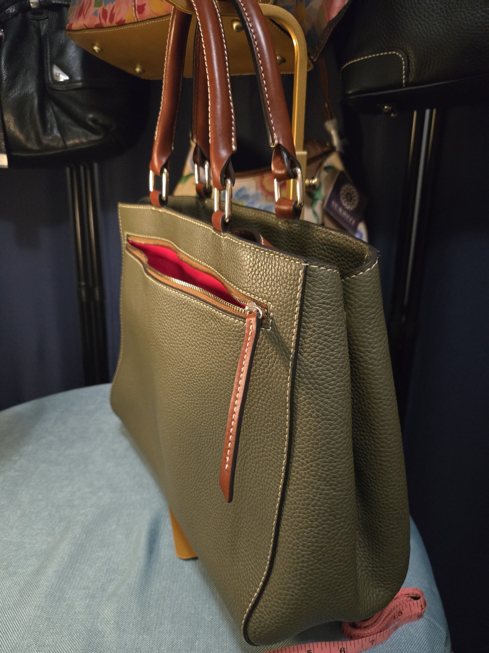 Like New Dooney & Bourke Olive Green Pebbled Leather Satchel with Brown Handles - Picture 10 of 16